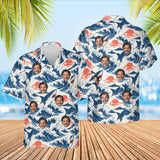Shark Waves Hawaiian Shirt with custom faces, front and back