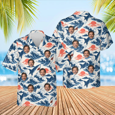 Shark Waves Hawaiian Shirt with custom faces, front and back