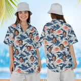 Woman wearing the Shark Waves Hawaiian Shirt with custom faces, front and back view