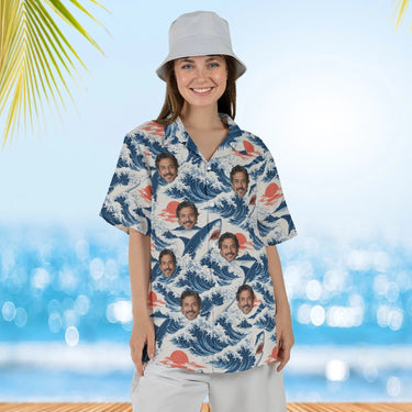 Woman wearing the Shark Waves Hawaiian Shirt with custom faces