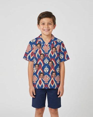 Shell Bell Ikat Christmas Hawaiian Shirt with printed faces, worn by a child
