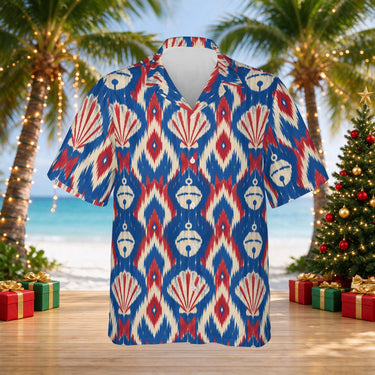 Shell Bell Ikat Christmas Hawaiian shirt print before personalizing, front view