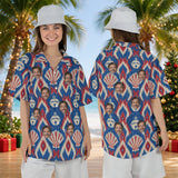 Shell Bell Ikat personalized Christmas Hawaiian shirt with faces worn by a woman, front and back