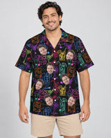 Sip Sway Hawaiian shirt with printed faces, worn by a man