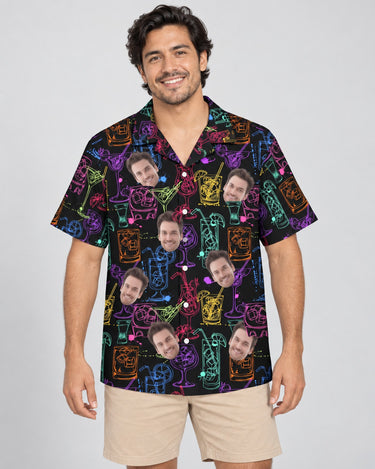 Sip Sway Hawaiian shirt with printed faces, worn by a man