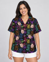 Sip Sway Hawaiian shirt with printed faces, worn by a woman