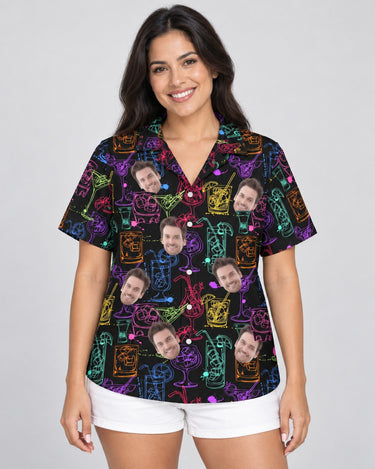 Sip Sway Hawaiian shirt with printed faces, worn by a woman