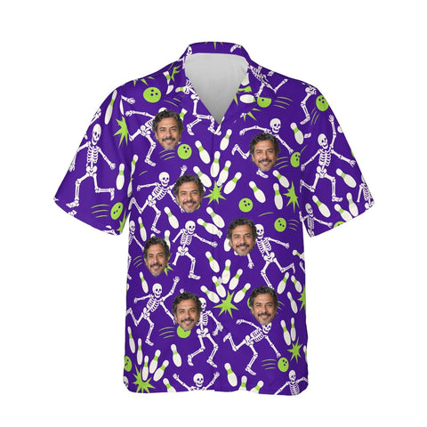 Skeleton Bowling Hawaiian Bowling Shirt personalized with printed faces, front view