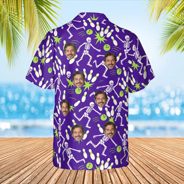 Skeleton Bowling Hawaiian Bowling Shirt with custom faces, back view