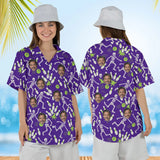Woman wearing the Skeleton Bowling Hawaiian Bowling Shirt with custom faces, front and back view