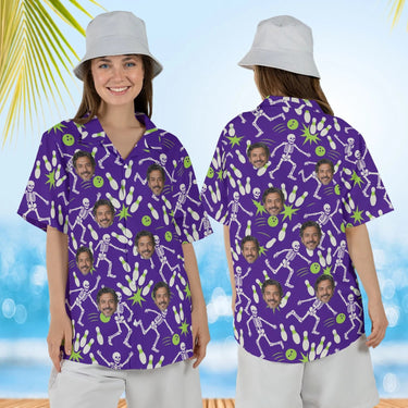 Woman wearing the Skeleton Bowling Hawaiian Bowling Shirt with custom faces, front and back view