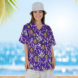 Woman wearing the Skeleton Bowling Hawaiian Bowling Shirt with custom faces