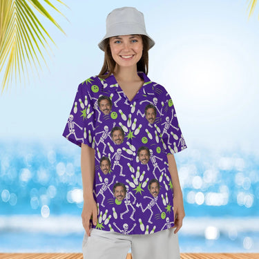 Woman wearing the Skeleton Bowling Hawaiian Bowling Shirt with custom faces
