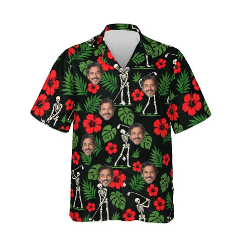 Skeleton Golfers Funny Hawaiian Golf Shirt personalized with printed faces, front view