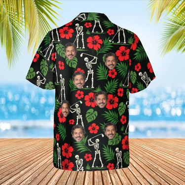 Skeleton Golfers Funny Hawaiian Golf Shirt with custom faces, back view