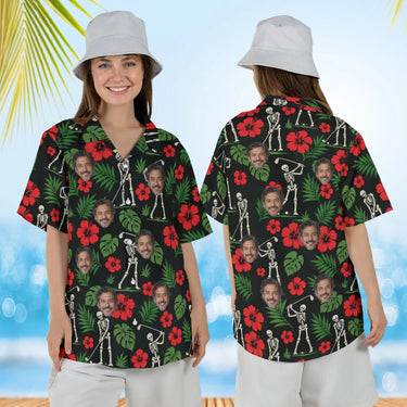 Woman wearing the Skeleton Golfers Funny Hawaiian Golf Shirt with custom faces, front and back view