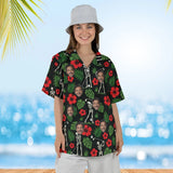 Woman wearing the Skeleton Golfers Funny Hawaiian Golf Shirt with custom faces