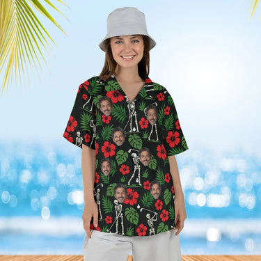 Woman wearing the Skeleton Golfers Funny Hawaiian Golf Shirt with custom faces