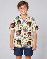Skeleton Surfer Beach Hawaiian shirt with printed faces, worn by a child