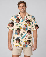 Skeleton Surfer Beach Hawaiian shirt with printed faces, worn by a man