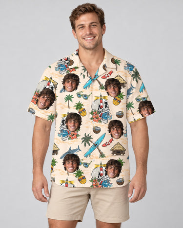 Skeleton Surfer Beach Hawaiian shirt with printed faces, worn by a man