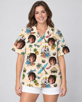 Skeleton Surfer Beach Hawaiian shirt with printed faces, worn by a woman