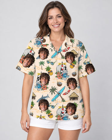 Skeleton Surfer Beach Hawaiian shirt with printed faces, worn by a woman