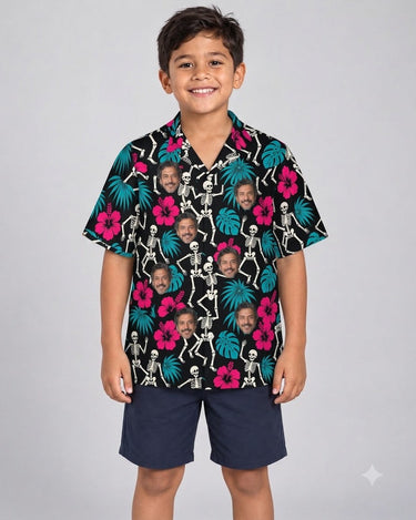 Skeleton Tiki Goth Hawaiian Shirt with printed faces, worn by a child