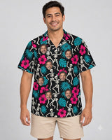 Skeleton Tiki Goth Hawaiian Shirt with printed faces, worn by a man