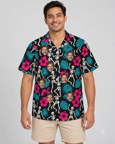 Skeleton Tiki Goth Hawaiian Shirt with printed faces, worn by a man