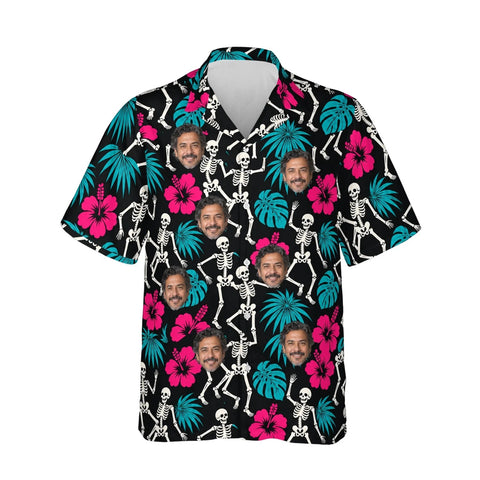 Skeleton Tiki Goth Hawaiian Shirt personalized with printed faces, front view