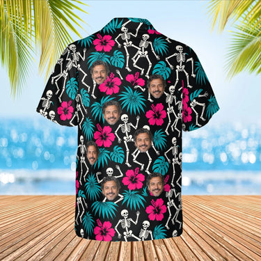 Skeleton Tiki Goth Hawaiian Shirt with custom faces, back view