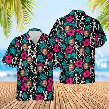 Skeleton Tiki Goth Hawaiian Shirt with custom faces, front and back