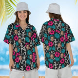 Woman wearing the Skeleton Tiki Goth Hawaiian Shirt with custom faces, front and back view