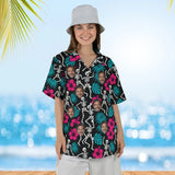 Woman wearing the Skeleton Tiki Goth Hawaiian Shirt with custom faces