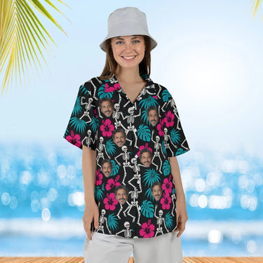 Woman wearing the Skeleton Tiki Goth Hawaiian Shirt with custom faces