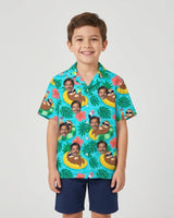Sloth Pool Party Ugly Hawaiian Shirt with printed faces, worn by a child