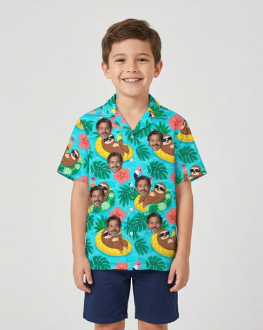 Sloth Pool Party Ugly Hawaiian Shirt with printed faces, worn by a child