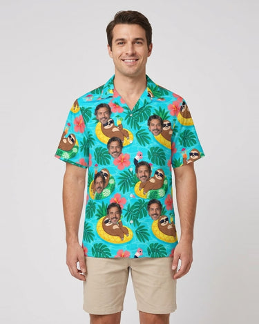 Sloth Pool Party Ugly Hawaiian Shirt with printed faces, worn by a man