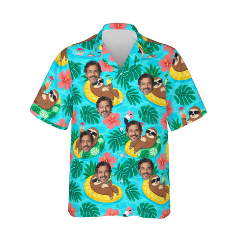 Sloth Pool Party Ugly Hawaiian Shirt personalized with printed faces, front view