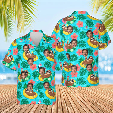 Sloth Pool Party Ugly Hawaiian Shirt with custom faces, front and back