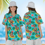 Woman wearing the Sloth Pool Party Ugly Hawaiian Shirt with custom faces, front and back view