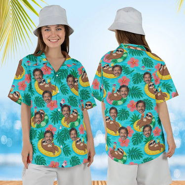 Woman wearing the Sloth Pool Party Ugly Hawaiian Shirt with custom faces, front and back view