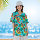 Woman wearing the Sloth Pool Party Ugly Hawaiian Shirt with custom faces