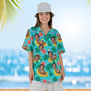 Woman wearing the Sloth Pool Party Ugly Hawaiian Shirt with custom faces
