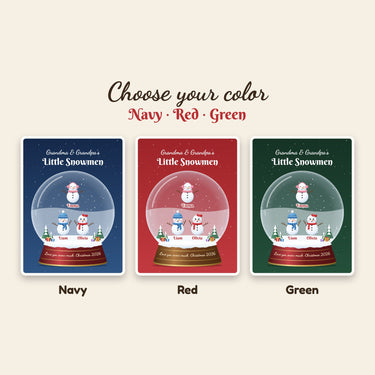 Snowman grandkids blanket in navy, red and green background colors