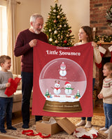 Personalized grandpa blanket with grandkids names, Grandpa's Little Snowmen snow globe held up by grandpa and his grandkids