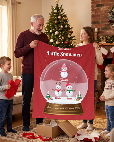 Personalized grandpa blanket with grandkids names, Grandpa's Little Snowmen snow globe held up by grandpa and his grandkids