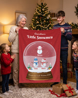 Personalized grandma blanket, Grandma's Little Snowmen snow globe with three grandkids names held by grandma and grandkids