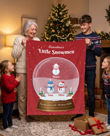 Personalized grandma blanket, Grandma's Little Snowmen snow globe with three grandkids names held by grandma and grandkids